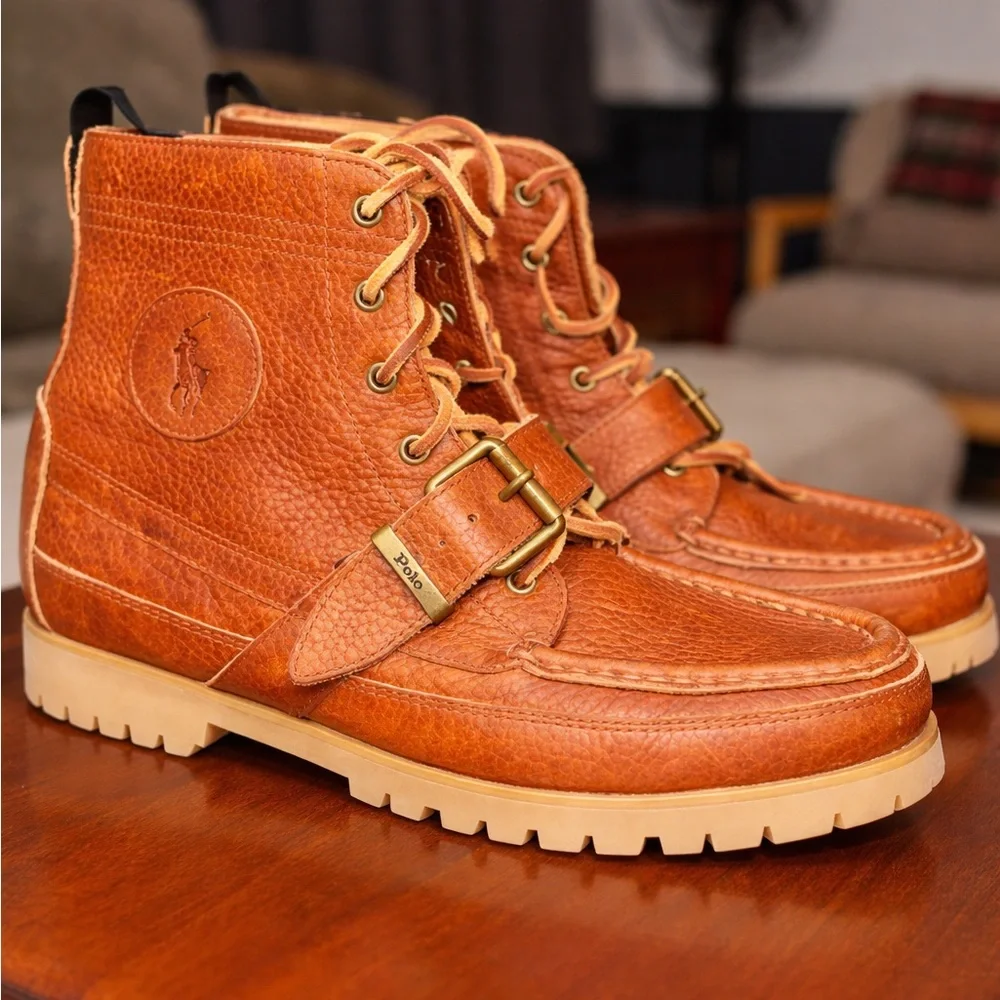 Polo by Ralph Lauren Men's Cognac Leather Lace & Buckle Moc Toe Boots - Picture 1 of 2